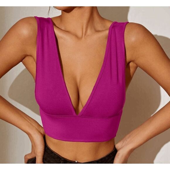 SHEIN BAE Solid Crop Tank Top Hot Pink Backless Stretch Lightweight Small Deep V - Picture 6 of 6